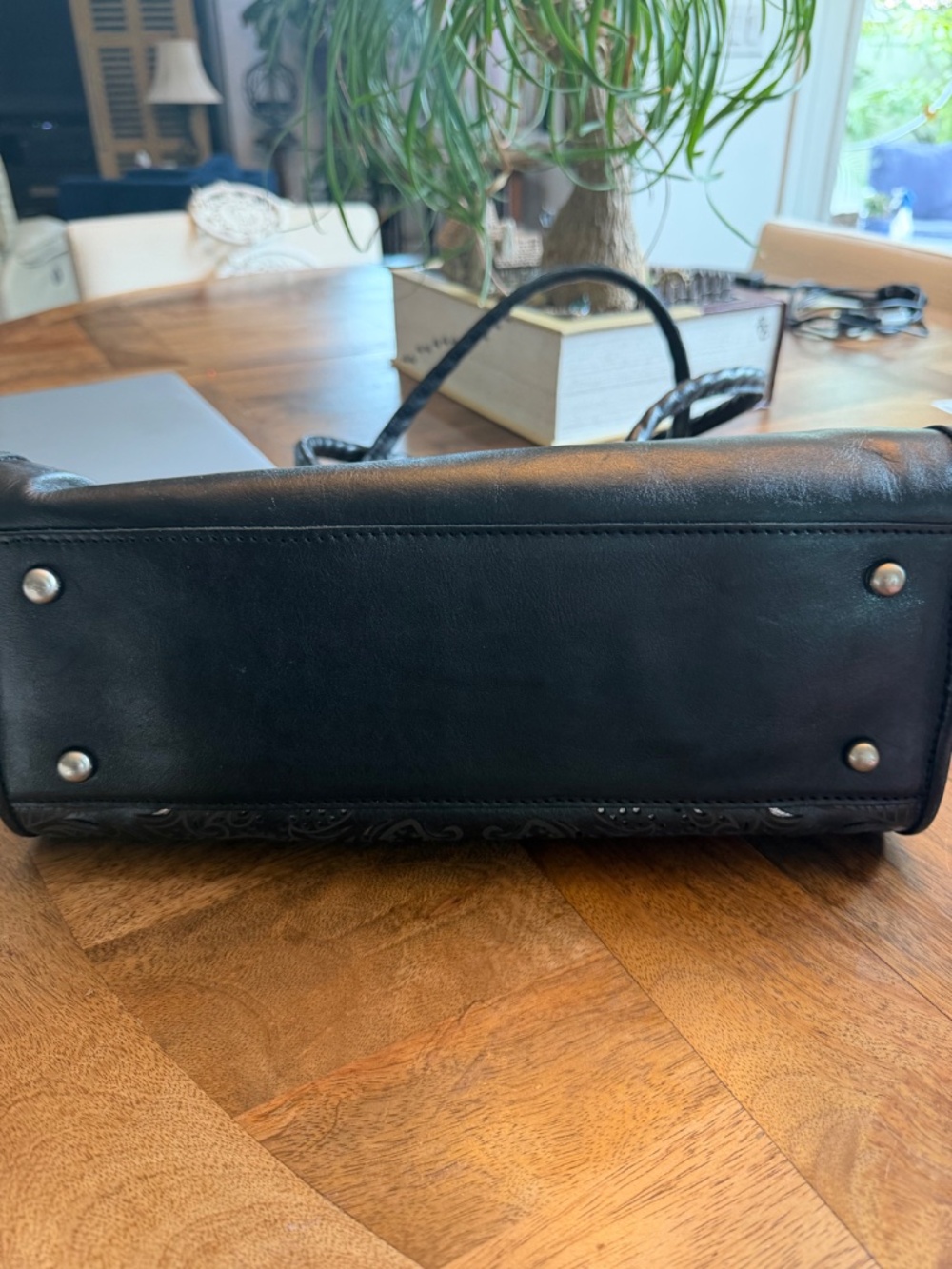 Patricia Nash Large Black Leather Laser Cut Paris Satchel With Silver Backing - Picture 11 of 11